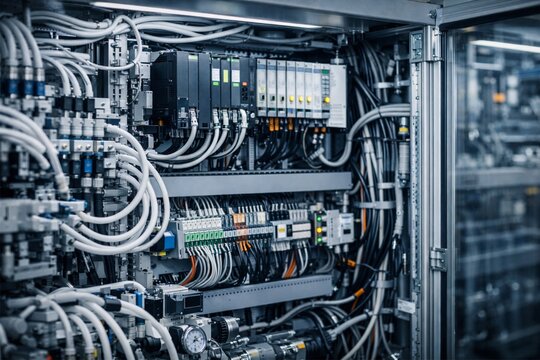 Industrial automation control cabinet with PLC modules and wiring