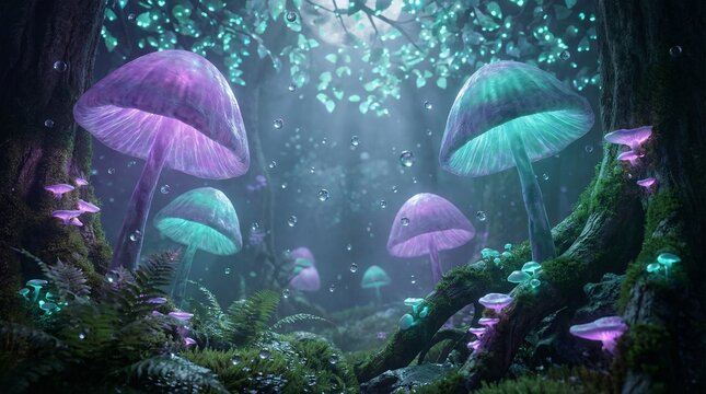 A mystical forest scene depicts glowing purple and green mushrooms growing on mossy trees under a shimmering canopy with sparkling lights.