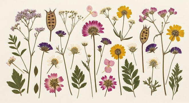 Collection of various pressed dried flowers and leaves isolated on white background