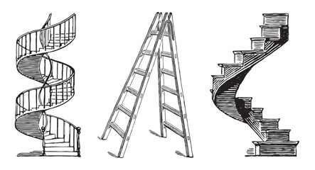 One folding ladder, two spiral staircases, abstract, different, vector hand drawn illustration isolated on white background © avelksndr