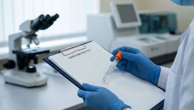 Laboratory Liver Function Test Analysis with Blood Sample and Medical Equipment in Blurred Background