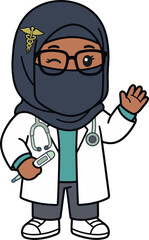 Fototapeta premium Cute Female Muslim Doctor in Hijab Character Vector Illustration, Kawaii Healthcare Professional Nurse Mascot Flat Design