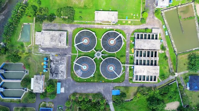 Advanced water treatment technology with circular sedimentation tanks and filtration system aerial