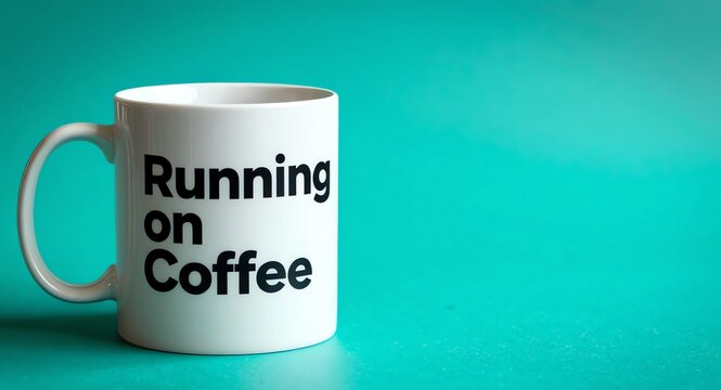 White ceramic mug with Running on Coffee text in bold modern sans serif typography on bright teal background, minimal product composition with soft lighting and copy space