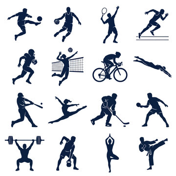 A collection of dark blue silhouettes depicting various athletes engaging in different sports, such as running, cycling, and weightlifting, against a clean white background with a focus on