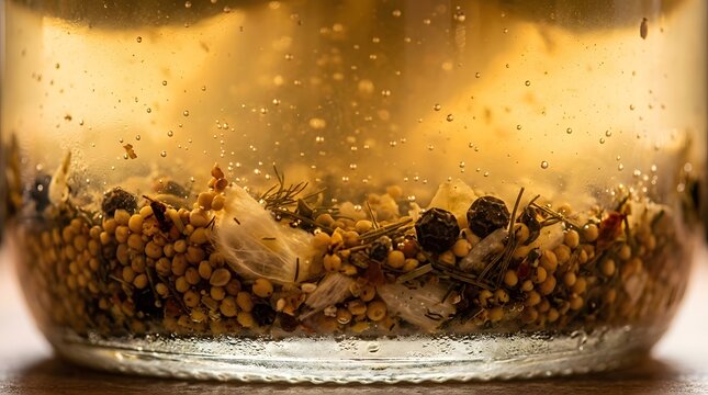 Macro shot of organic spices and seeds infusing in golden oil with bubbles inside a glass jar