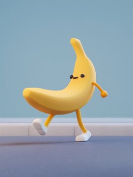 Whimsical Cartoon Banana with Feet, Moving on Floor.