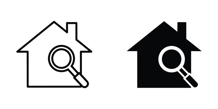 Magnifying glass examining a house icon in different color schemes