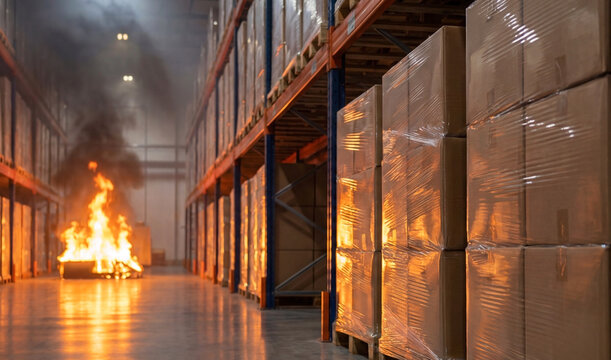 Warehouse aisle with stacked cardboard boxes on pallets and fire burning in the distance.