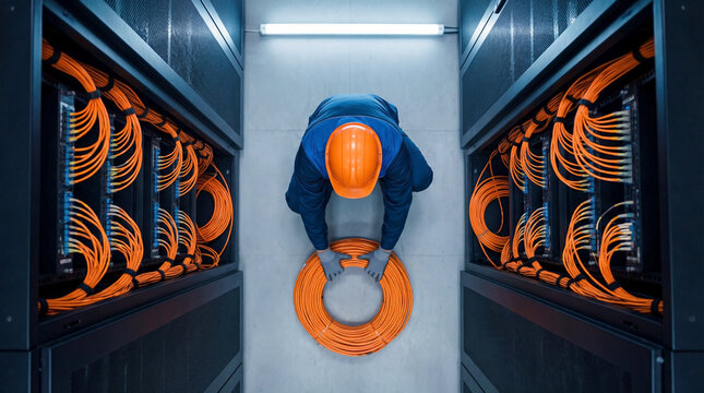 Technician with safety helmet handling cable in data center between server racks. Concept of network maintenance, infrastructure and technology operations.