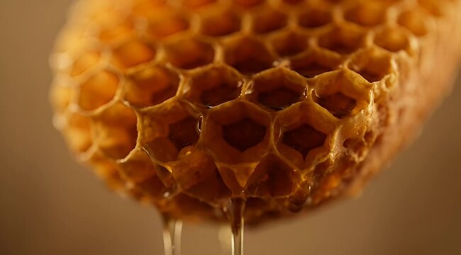 Golden honeycomb with dripping honey, organic bee wax texture in macro detail, sweet amber liquid flowing from natural hexagonal cells
