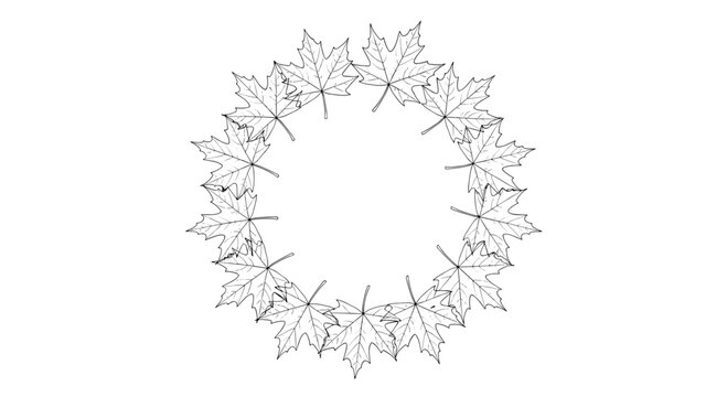 Fall wreath illustration made of several maple leaves arranged in a circle for autumn themed graphic designs.