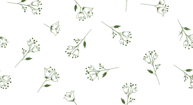 Delicate pattern of green floral branches with small bell shaped flowers scattered on a white background.