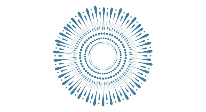 Geometric radial burst pattern made of blue dots and dashed lines forming a decorative sunburst or mandala.