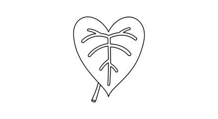 Fototapeta premium Simple black and white line art of a heart-shaped leaf with prominent veins is a clean and organic botanical design element.