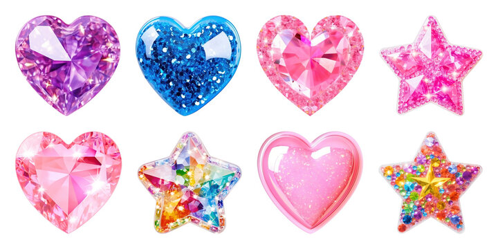 PNG Colorful sparkling heart star gems on transparent background