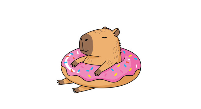 Cute capybara character relaxing inside a pink frosted donut pool float with sprinkles is a fun and quirky summer-themed illustration.