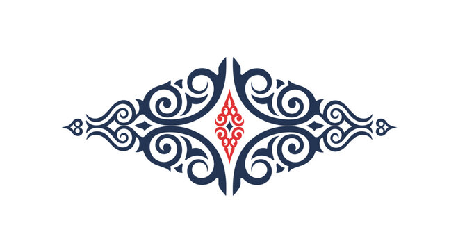 Symmetrical ornamental scroll design in dark blue and red features swirling patterns and elegant curves, centered on a plain white backdrop.