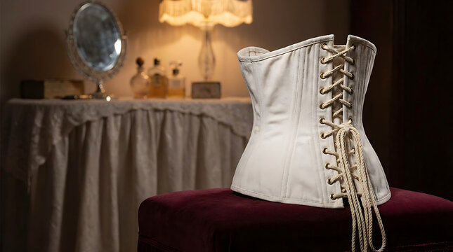 An elegant white underbust corset with intricate lace-up detailing sits on a plush velvet stool, hinting at vintage fashion and refined style.