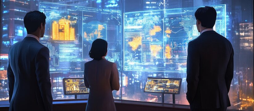 Global Business Team Analyzing Dynamic Data on Futuristic Screens Overlooking Night City
