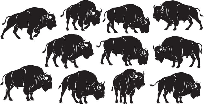 Black and white bison silhouettes walking in unison
