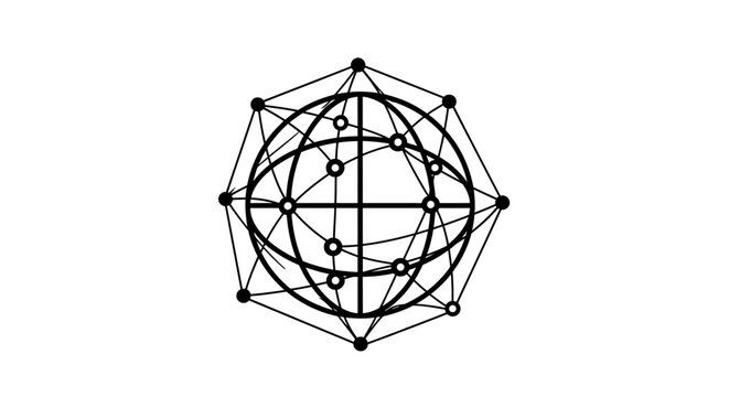 An intricate geometric illustration of a complex sphere with interconnected lines and nodes, showcasing a detailed graphic design element.