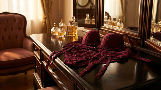 Elegant Burgundy Lace Lingerie Set Resting on a Dark Wooden Vanity Table