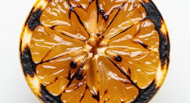 Grilled citrus fruit reveals a juicy and caramelized texture on a white background.