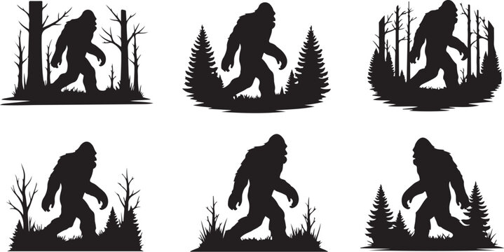 Bigfoot Silhouette Walking Through Forest in Various Scenic Landscapes