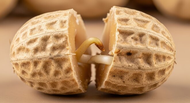 Peanut shell splits open to reveal a small sprouting seedling inside.
