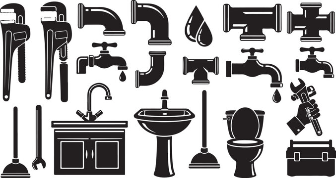 Black and white plumbing tools and fixtures icon set collection