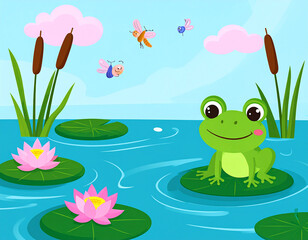 Fototapeta premium Cute cartoon frog on a lily pad with dragonflies and cattails