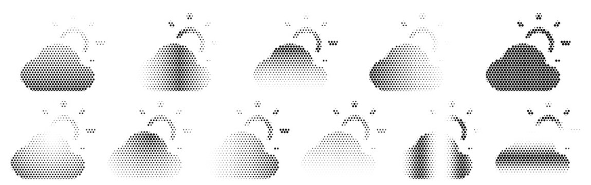 Cloud Sun Halftone Icon Collection &ndash; Cloud Sun Dotted Circles Halftones Geometric Dots Gradient &ndash; Dot Spray Gradient Vector Set &ndash; Cloud Sun Illustration Halftone Gradient