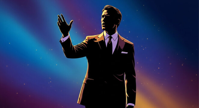 Male Singer Silhouette In Suit Performing Solo On Stage.