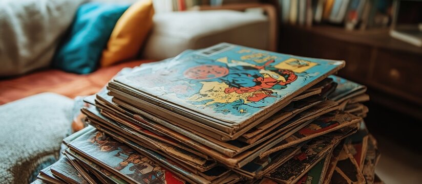 Worn Vintage Superhero Comic Books Stacked in a Cozy, Nostalgic Living Room