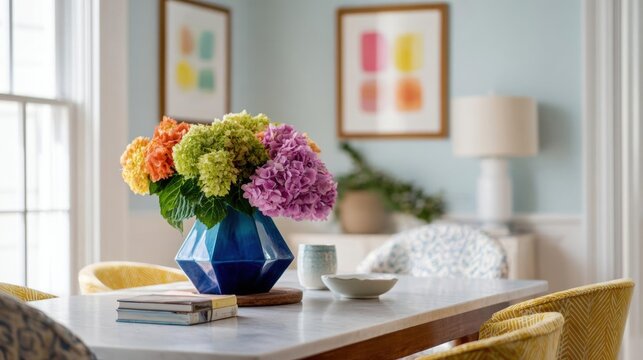 Dining room with a wooden table in the center. on the table, there is a blue vase with a bunch of colorful flowers in it. the flowers are a mix of orange, yellow, green, and purple hydrangeas.