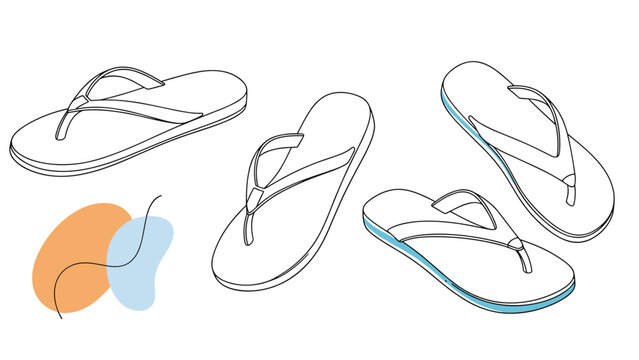 Set of four flip flop sandals in outline style with abstract colorful shapes on a clean white background for summer themes.