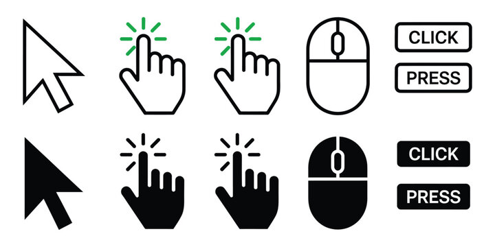Cursor mouse click press button icons set, hand pointer symbols for web interaction and navigation, vector illustration for website design, mobile applications, click actions and user experience 