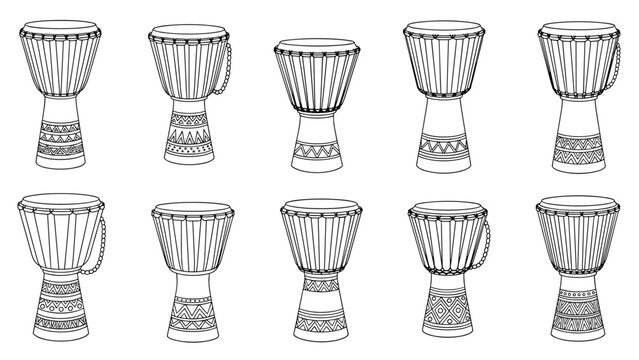 Set of ten djembe drum illustrations in black and white line art featuring various geometric patterns on the bases.