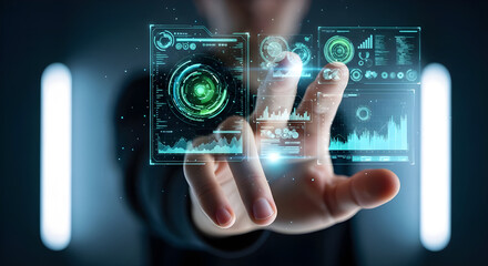 Fototapeta premium Futuristic Human Hand Interacting with 3D Holographic Data Interface Generative AI