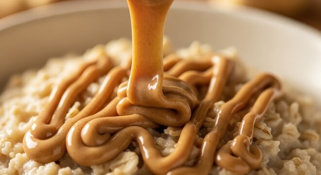 Creamy peanut butter is being drizzled onto a fresh bowl of hot oatmeal.