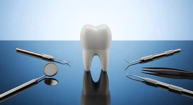 A dental tooth model surrounded by various dental tools on a reflective surface