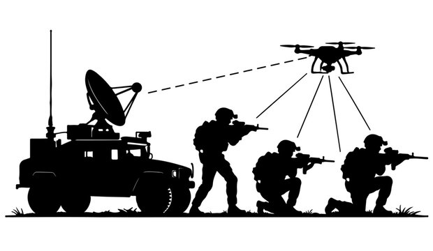 Military soldiers with drone surveillance silhouette vector illustration, modern warfare and defense concept isolated design