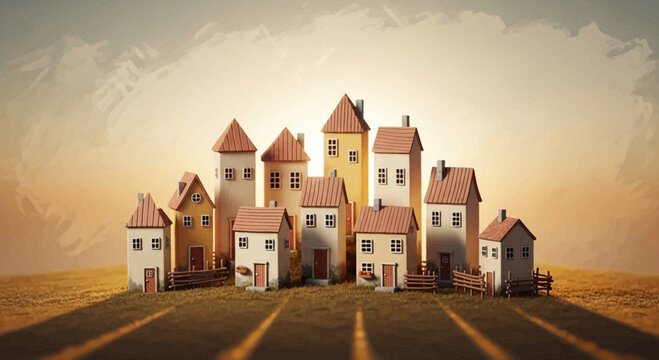 A picturesque collection of charming, cartoon-style houses with pointed roofs, nestled on a grassy hill under a soft, hazy sky, evoking a sense of cozy community and idyllic living