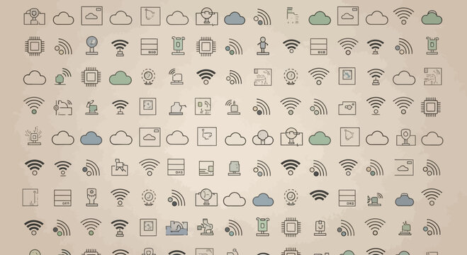 Seamless background pattern of vintage style technology line icons including wifi, cloud, and communication symbols