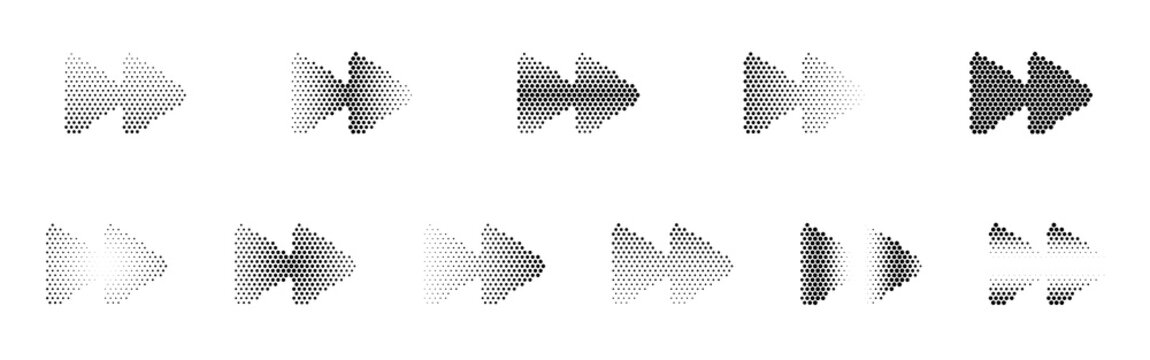 Fast Forward Halftone Icon Collection &ndash; Fast Forward Dotted Circles Halftones Geometric Dots Gradient &ndash; Dot Spray Gradient Vector Set &ndash; Fast Forward Illustration Halftone Gradient