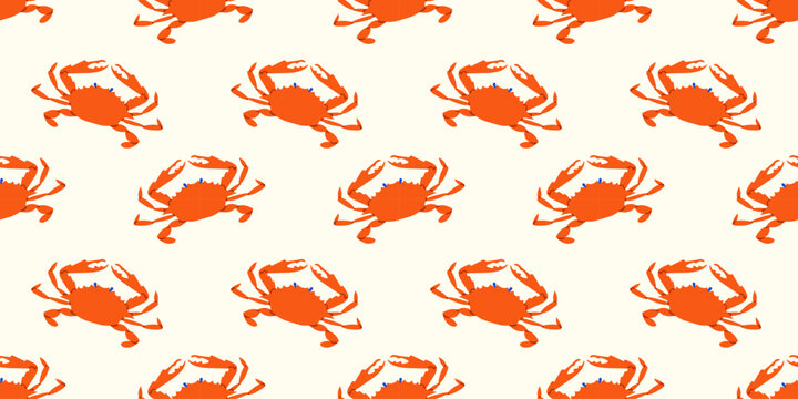 Crab animal seamless pattern. Summer background design. Vacation sea food travel concept. Fishing activity flat cartoon backdrop illustration.