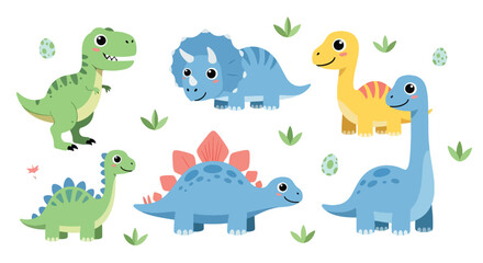 Flat style vector illustration of cute cartoon dinosaurs set featuring colorful t rex, triceratops and brachiosaurus with playful expressions, perfect for kids design and nursery themes © Amie