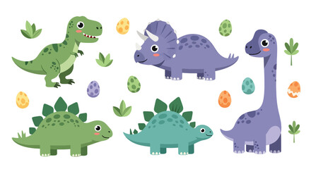 Flat style vector illustration of cute cartoon dinosaurs set featuring colorful t rex, triceratops and brachiosaurus with playful expressions, perfect for kids design and nursery themes © Amie