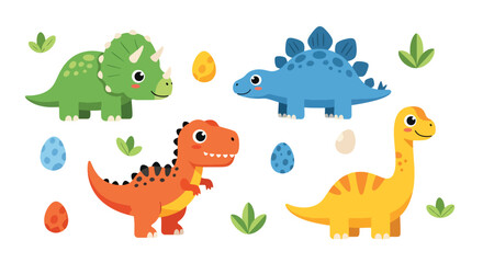 Flat style vector illustration of cute cartoon dinosaurs set featuring colorful t rex, triceratops and brachiosaurus with playful expressions, perfect for kids design and nursery themes © Amie